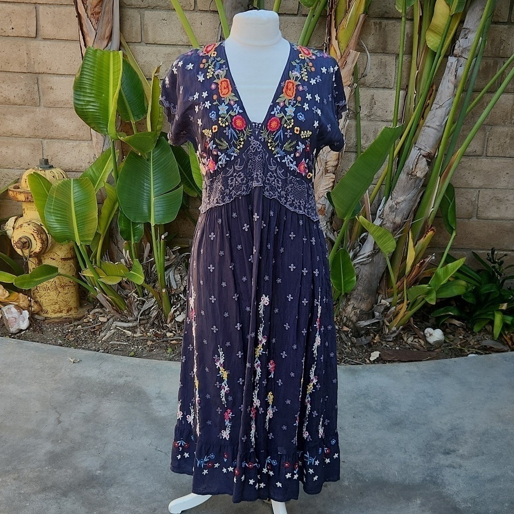 Johnny Was Gray Floral embroidered Sabine dress Extra Small